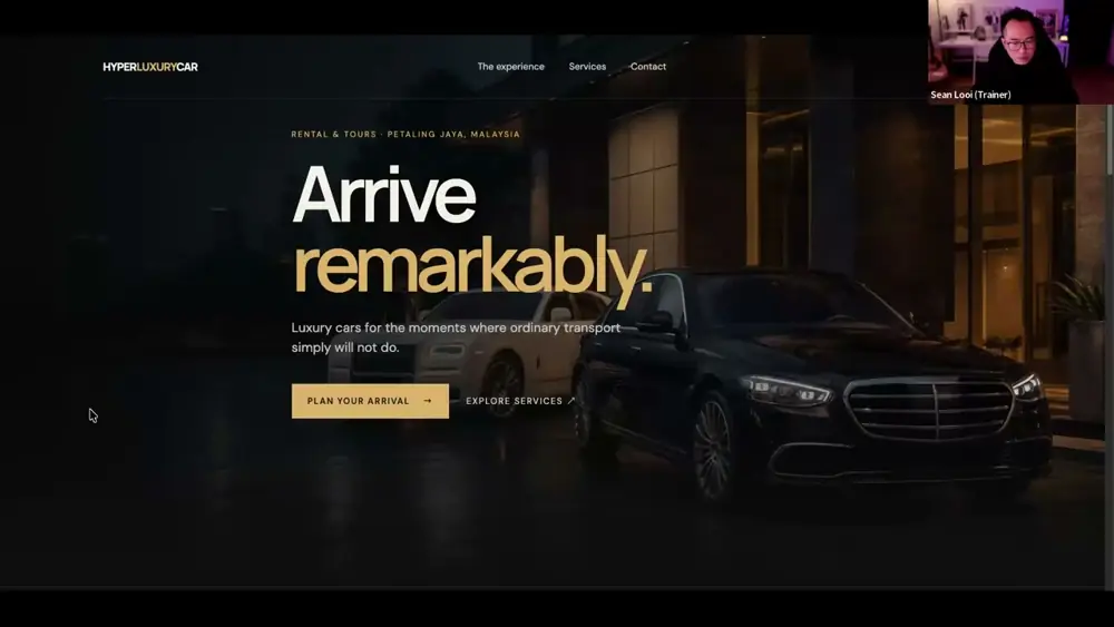 A student asked for a website for her luxury car-rental business. Sean sent one message to one of our agents. About three minutes later, this was on screen. No templates, no long prompt, no code.