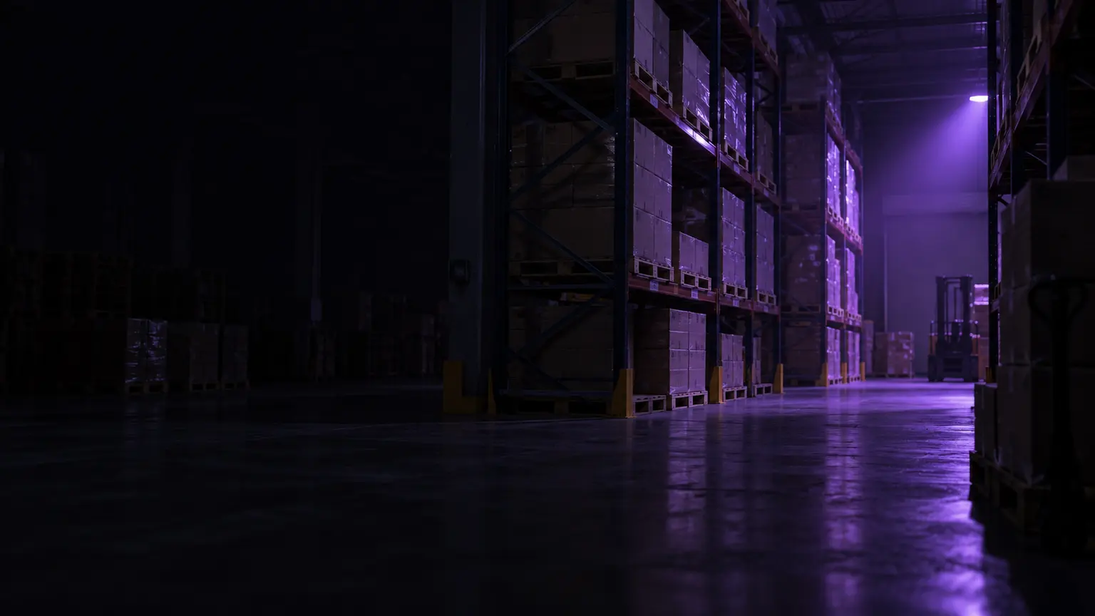 Pallet racks and cartons in a dim distribution warehouse